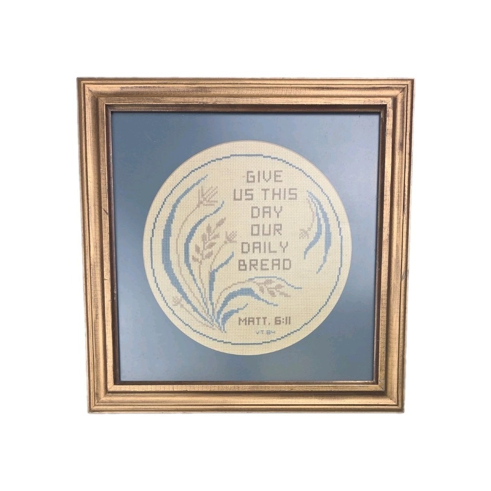 Vintage‎ Cross Stitch Framed Matted Daily Bread Bible Verse Signed 1984 Finished